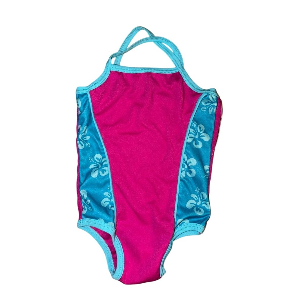Unbranded Girls One Piece Swimsuit Pink Blue‎ Hibiscus Floral Size 2-4 Years